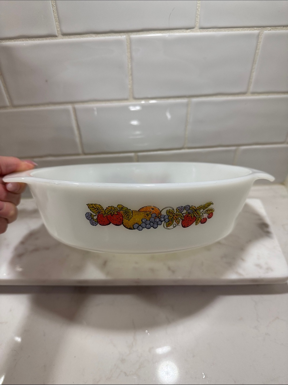 Vintage Anchor Hocking Fire-King Harvest Fruit / Natures Bounty Oval Milk Glass